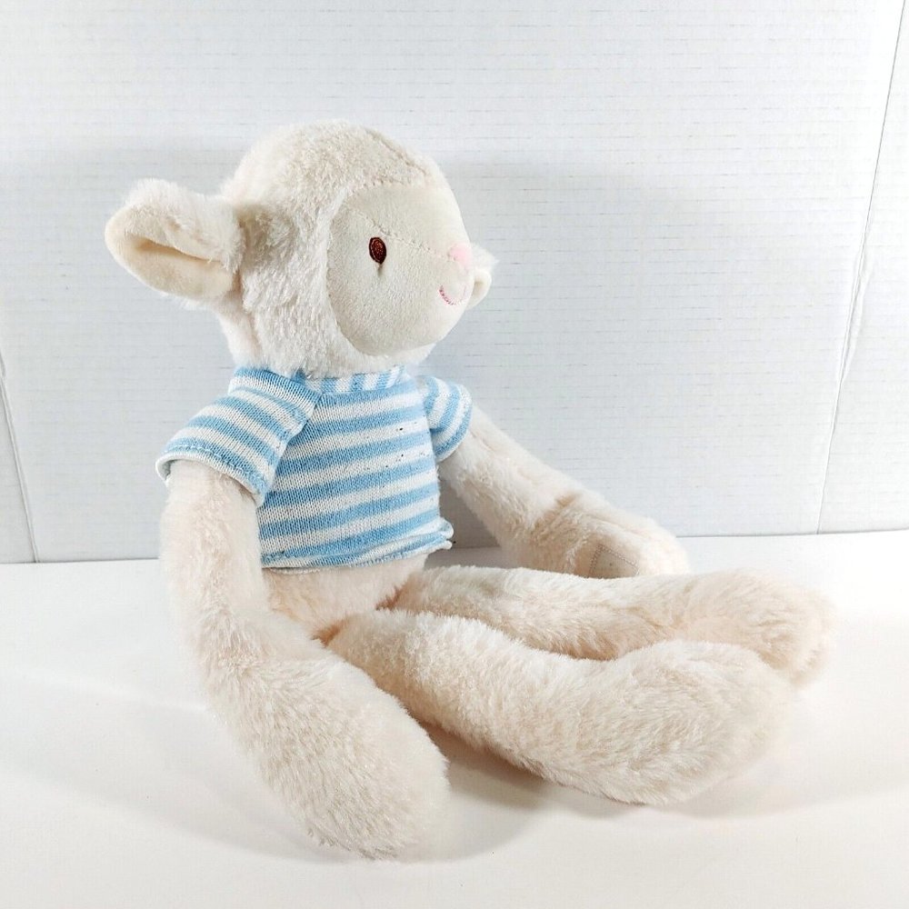 Kellytoy Plush White Rattle Lamb Sheep Blue Striped Knitted Shirt Stuffed 20"